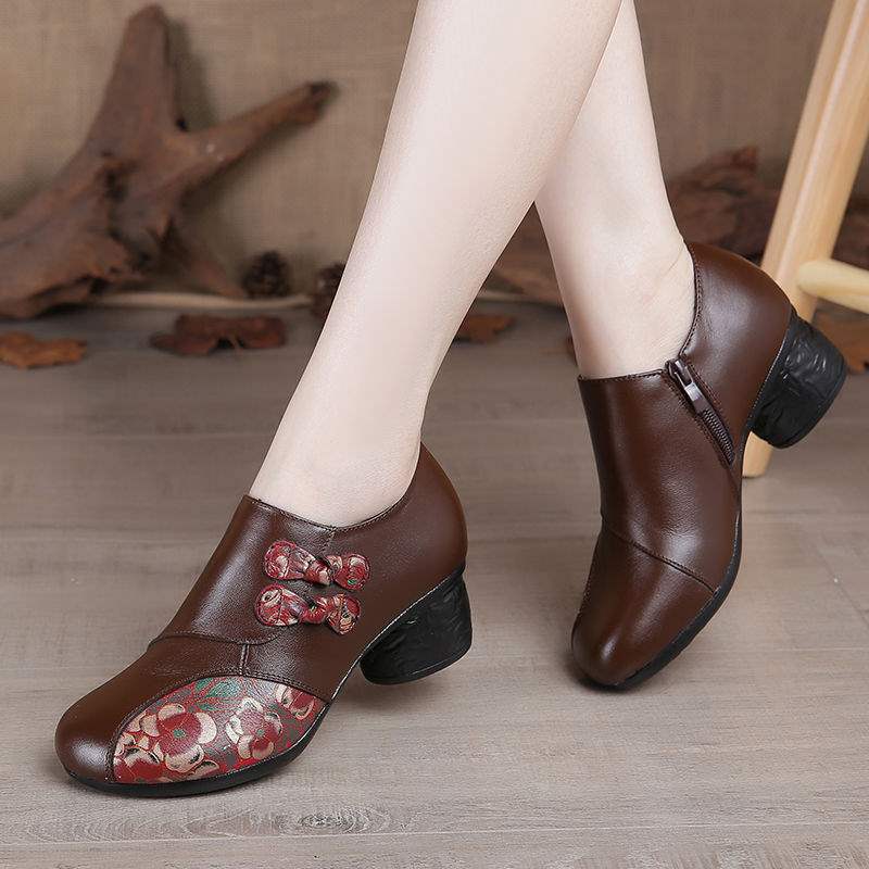 Ethnic Style Deep Mouth Single Shoe Women's Leather Shoes with Thick Heel Mid-Heel Mother Shoes Dance Shoes