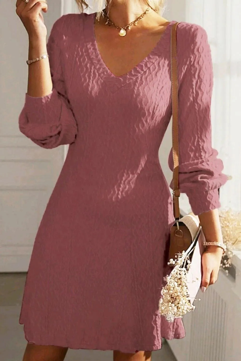 Solid color texture long sleeved elegant French dress women's dress
