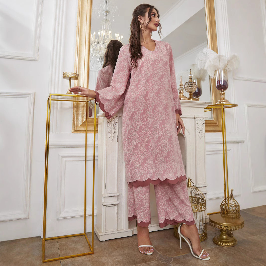 Elegant Floral Print Muslim Abaya Dress Set