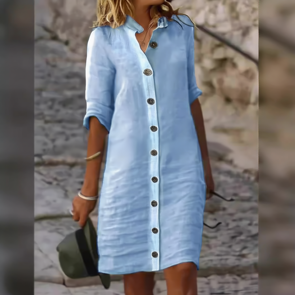 A pure cotton and linen dress with a shirt collar and middle sleeves