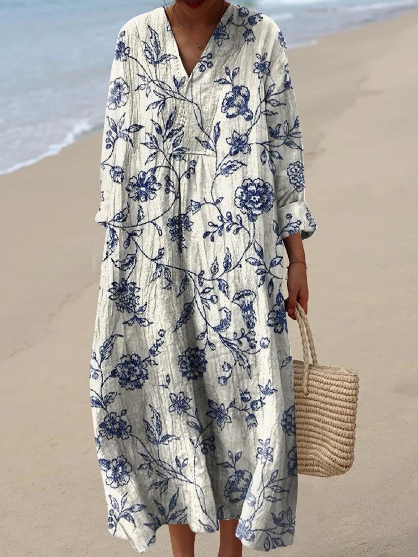 Resort Style Printed Long Sleeve For Women Loose Fitting V Neck Maxi Dress