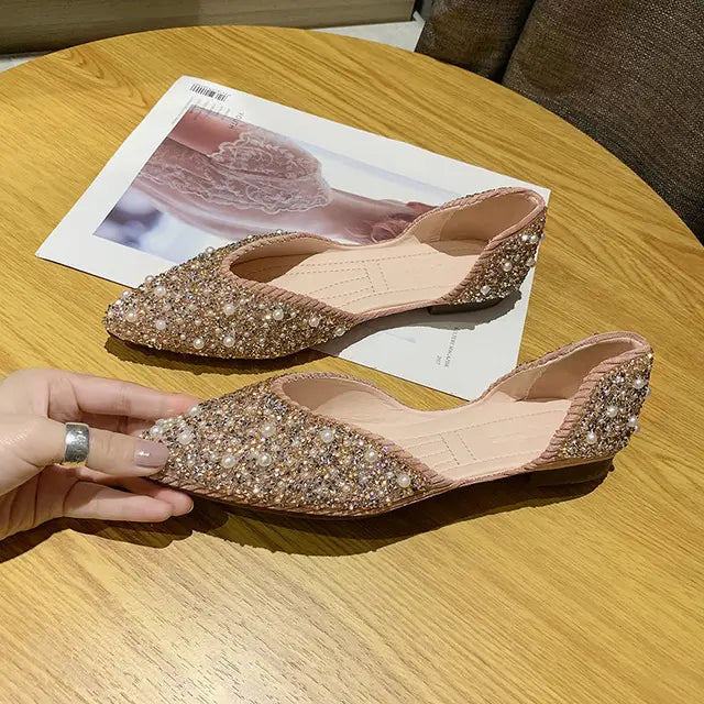 Flats Rhinestone Green Pointed Toe with Crystals Diamond Shoes for Woman 2023 Pearl Flat Women's Summer Footwear Spring E Shoe A