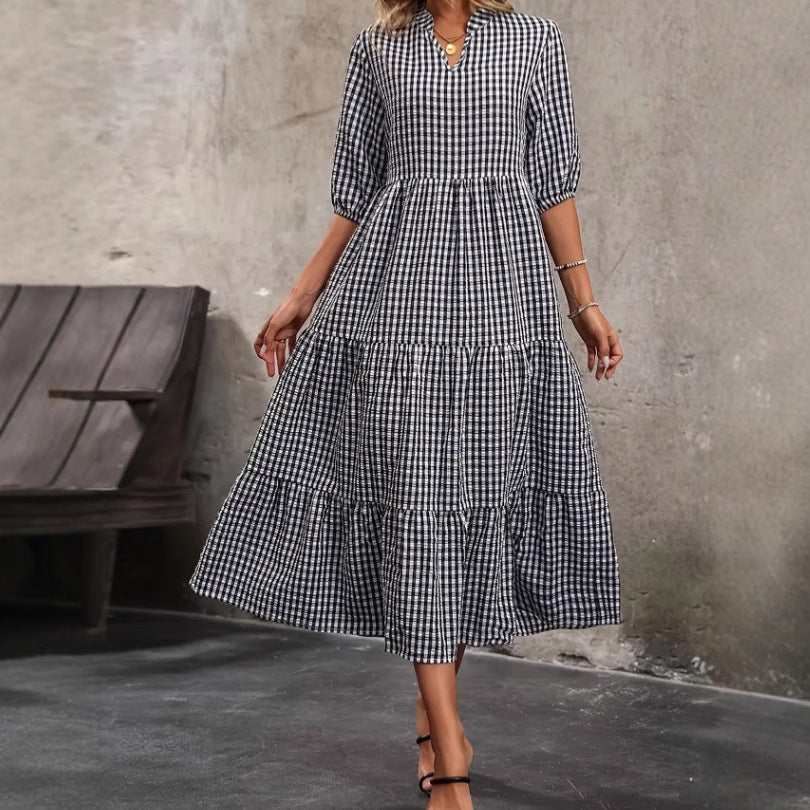 Bubble-sleeve Crew-neck Loose-fit Dubai Dress