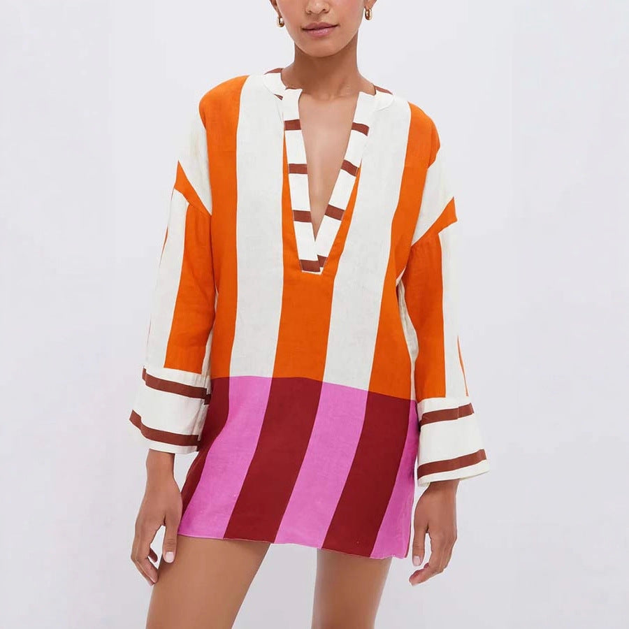 Printed Linen Long Sleeve Dress INS Casual Loose Dress