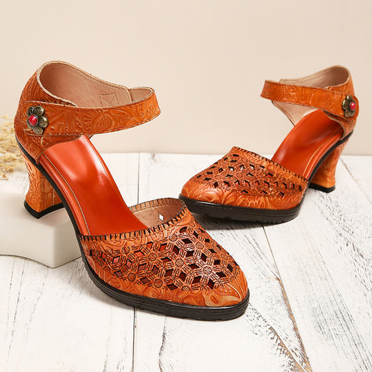 Womens Fashion Hollowed-Out Vintage High-Heel Sandals