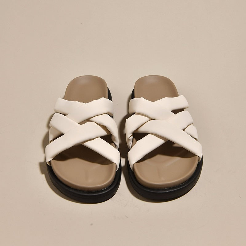 Roman Slippers for Women with Summer Thick Soles and a White Sandal with Elevated Retro Casual Cross Straps Paired with a Skirt