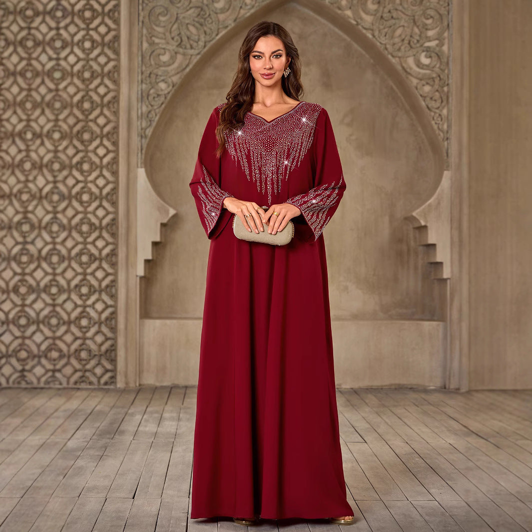 Fashion Rhinestone V-neck Casual Loose Dubai New Dress