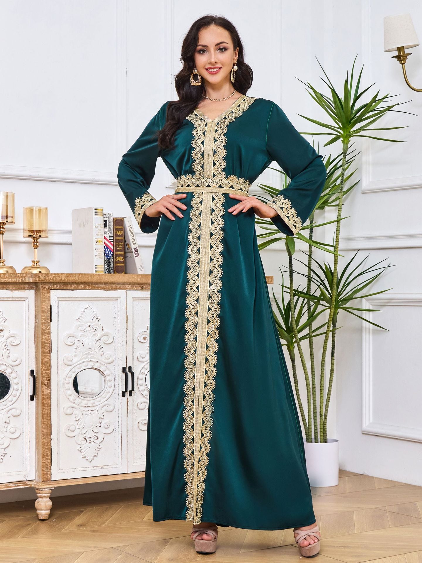 Dubai Abaya Gown Dress With Printed Hot-stone And Embroidered Detailing