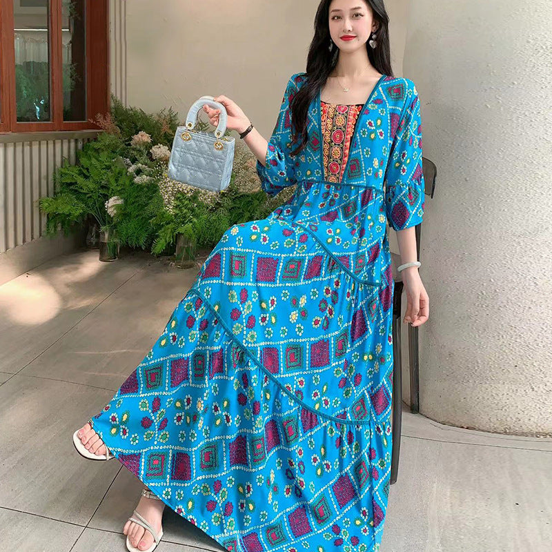 Summer Vintage Cotton Silk Ethnic Style Embroidered Dress Women