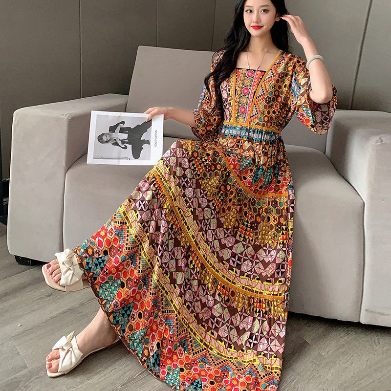 Summer Vintage Cotton Silk Ethnic Style Embroidered Dress Women