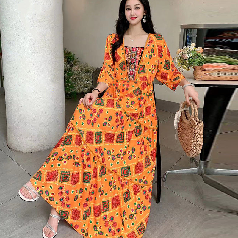 Summer Vintage Cotton Silk Ethnic Style Embroidered Dress Women
