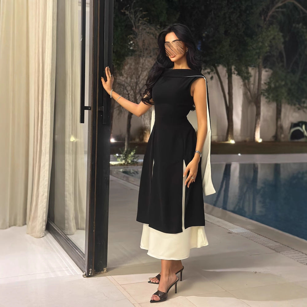 Women's Dress Middle East Cross-border Round Neck Color Block Sleeveless Fitted Temperament Retro Dress