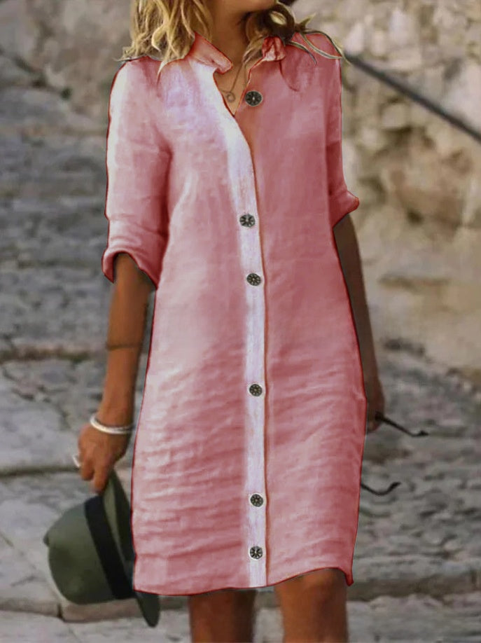 A pure cotton and linen dress with a shirt collar and middle sleeves