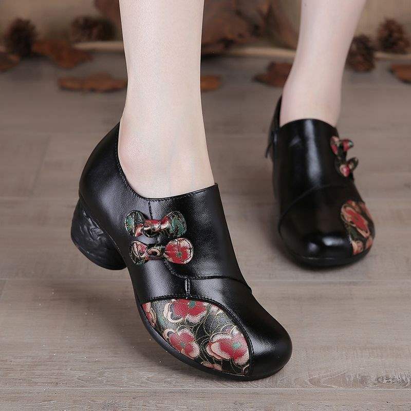 Ethnic Style Deep Mouth Single Shoe Women's Leather Shoes with Thick Heel Mid-Heel Mother Shoes Dance Shoes