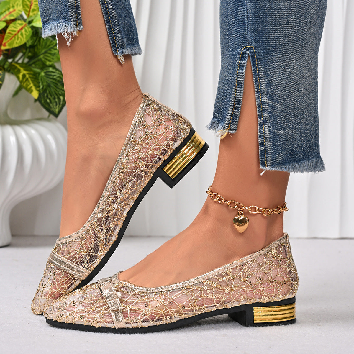 Womens Shallow-Toe Pointed-Toe Mesh Shoes With Bow For Breathability