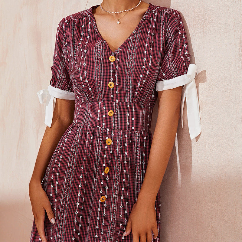 Middle East Short Sleeve Loose Dress Fragmentary Flower Waist Closing Foreign Style Light Mature Women's Dress