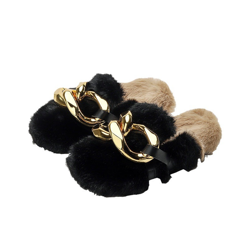 Black Fluffy Flat Slippers for Women Home Brown Fur Gold Metal Chain Flats Round Toe Sandals Casual Fringe Winter Slingback Shoe