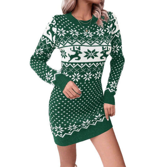Christmas Jacquard Knit Dress for Women Long Sleeve, Bodycon, Short Dress