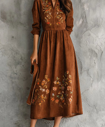 Vintage Brown Floral Embroidered Suede Midi Dress