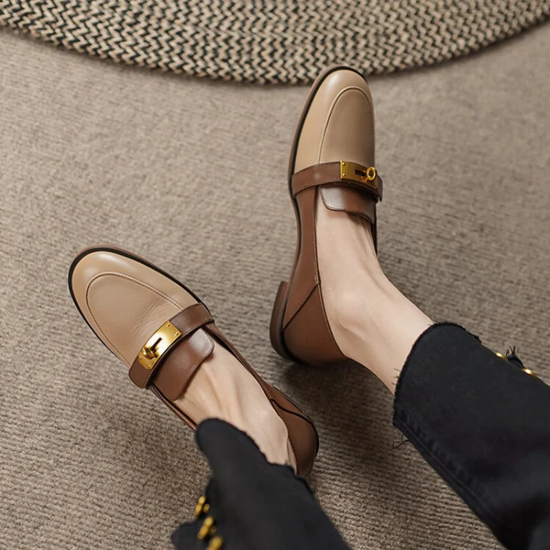 Blapunka Women Genuine Leather Loafers Designer Metal Lock Mix-color Slip-on Flat Shoe Ladies Spring Autumn Casual Comfort Flats