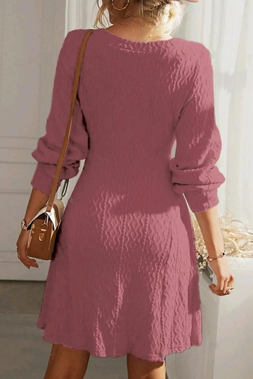 Solid color texture long sleeved elegant French dress women's dress