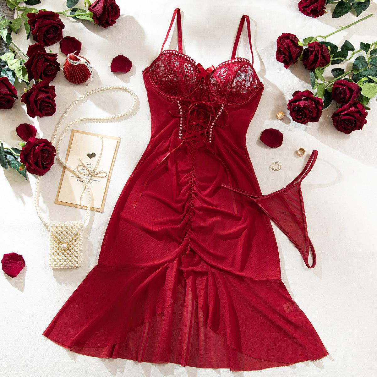 Cross-border Sexy Lace Transparent Temptation Ultra-thin Mesh Dress and Thong Set