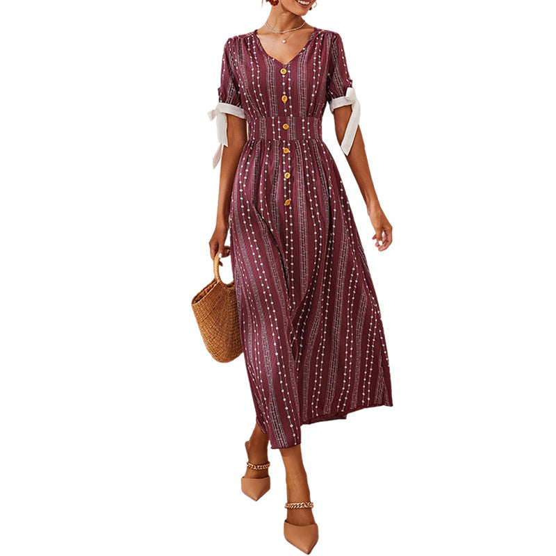 Middle East Short Sleeve Loose Dress Fragmentary Flower Waist Closing Foreign Style Light Mature Women's Dress