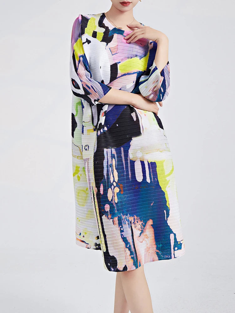 Printed Pleated Dress For Women Round Neck Long Sleeves Designer Casual Dresses Female Clothing