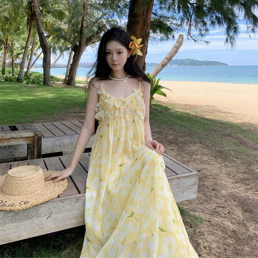 Beach Vacation Yellow Printed Strapless Dress Women French Style Sexy Summer Beautiful Mini Dress