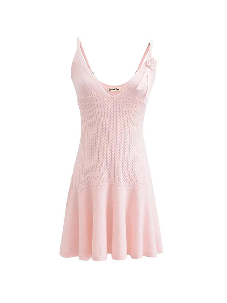 Summer Criss-cross Knitted Pink Dress Women Appliques Floral A-line Mini Dresses