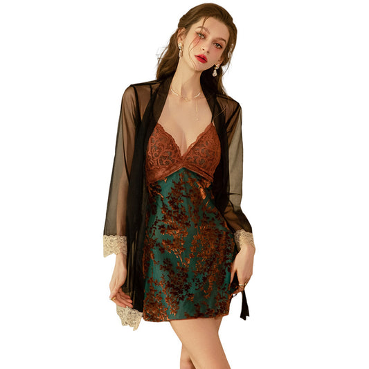 Lace Burnout Sleepwear Backless Strappy Nightdress with Mesh Robe
