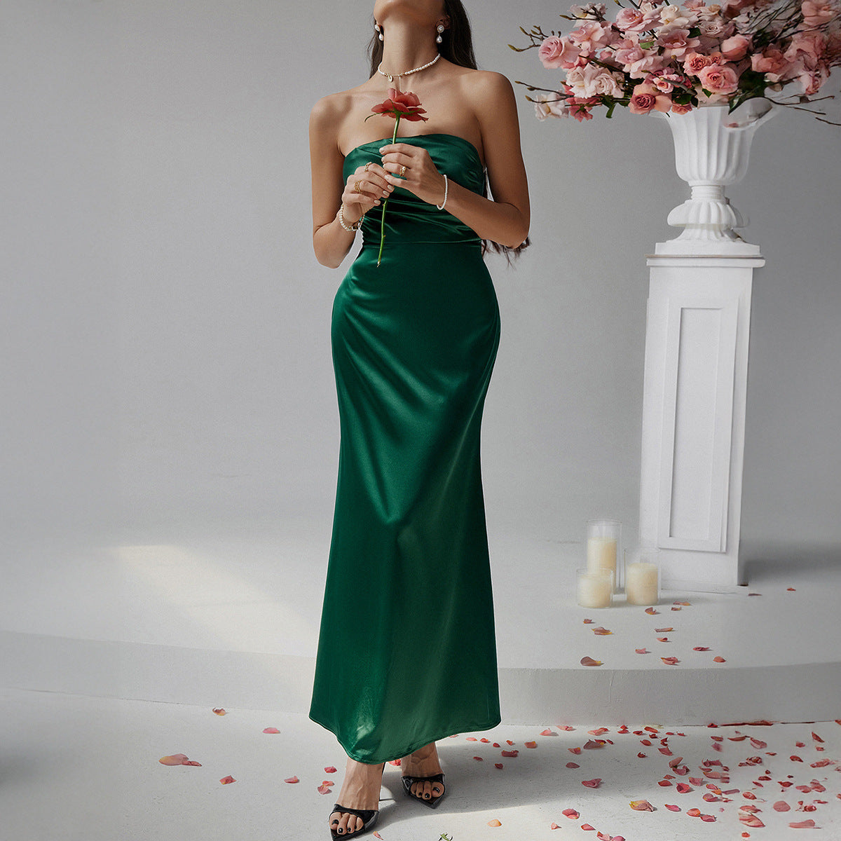 Slimming solid color strapless evening dress dress long skirt