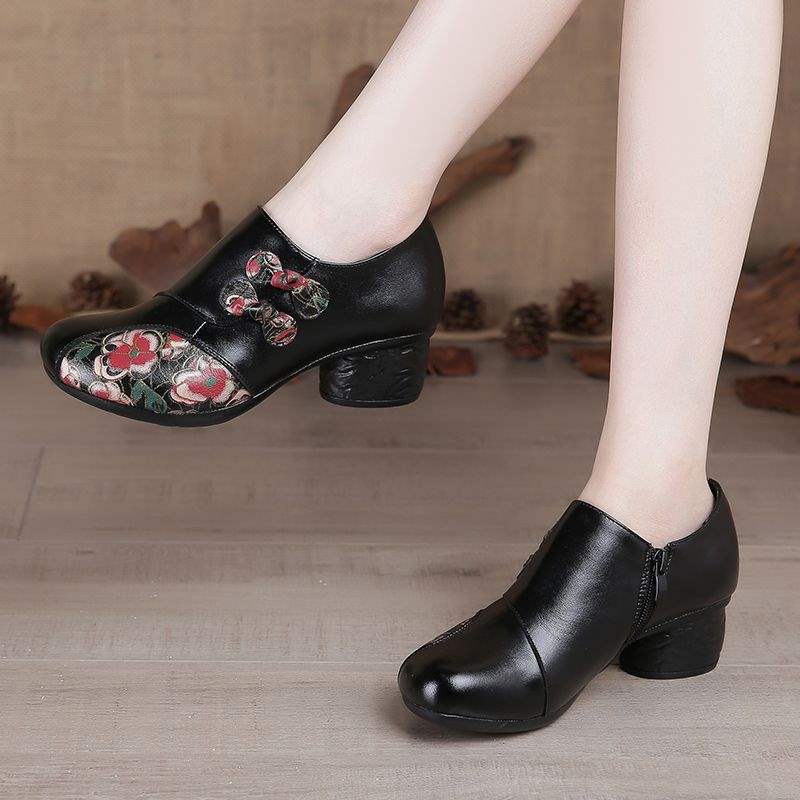 Ethnic Style Deep Mouth Single Shoe Women's Leather Shoes with Thick Heel Mid-Heel Mother Shoes Dance Shoes