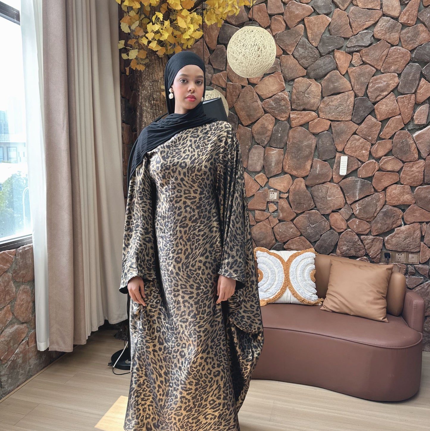 Pure American Print Dress, Batwing Sleeve Leopard Pattern Long Dress