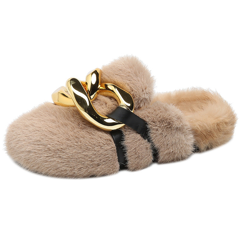 Black Fluffy Flat Slippers for Women Home Brown Fur Gold Metal Chain Flats Round Toe Sandals Casual Fringe Winter Slingback Shoe