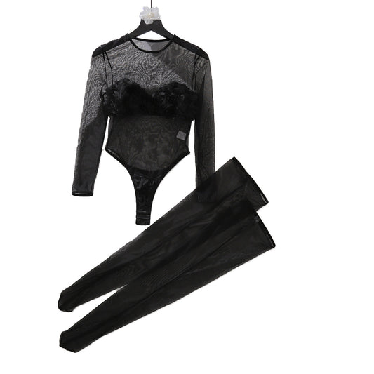 Mesh see through jumpsuit abdominal shaping underwear two-piece set