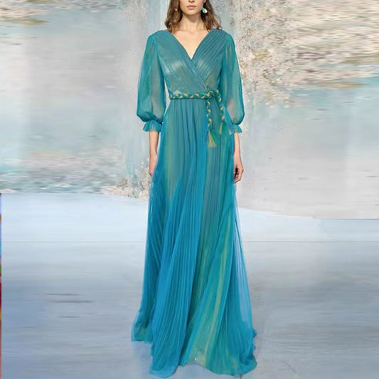 V-neck bubble middle sleeve pleated decorative waistband mesh dress