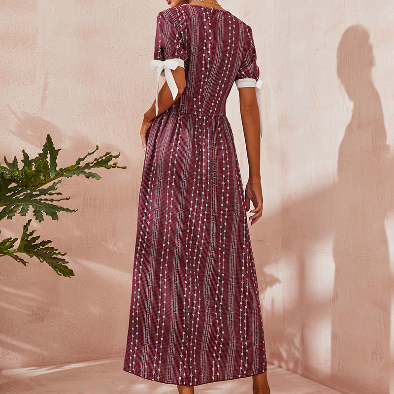 Middle East Short Sleeve Loose Dress Fragmentary Flower Waist Closing Foreign Style Light Mature Women's Dress