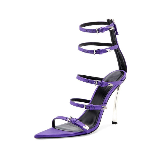 High Heeled Pointed Roman Sandals, Satin Sheepskin Buckle, Womens Oversized Shoes