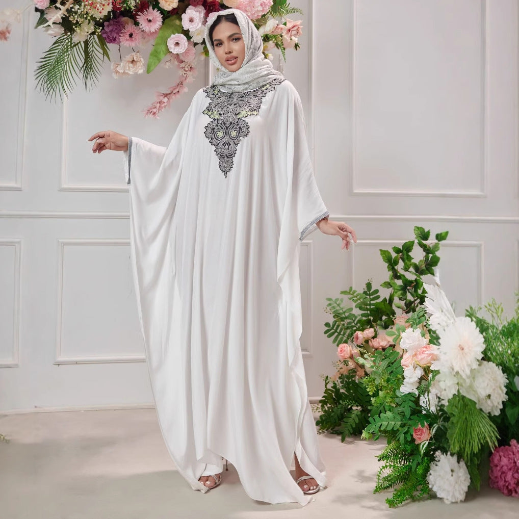 Women's Middle East Muslim Long Robe Heavy Embroidery Splicing Lace Dress Gown