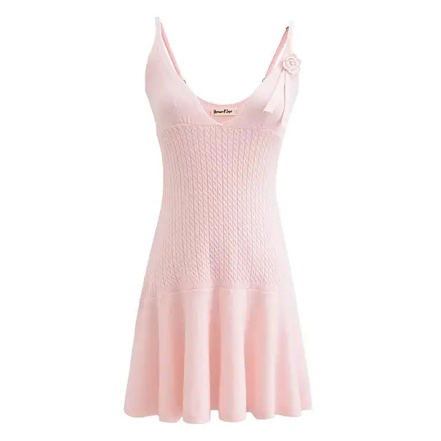 Summer Criss-cross Knitted Pink Dress Women Appliques Floral A-line Mini Dresses