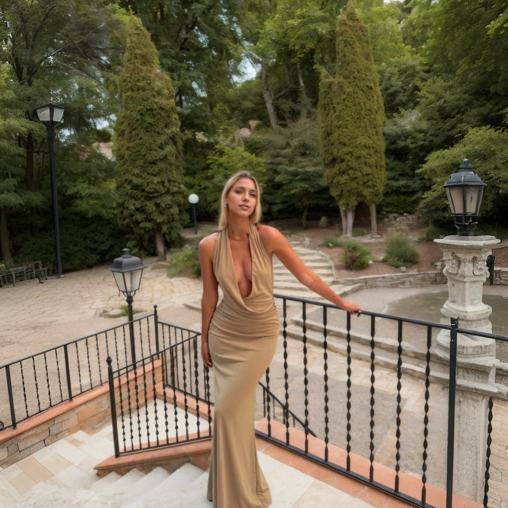 Sexy women's neck hanging dress banquet long dress