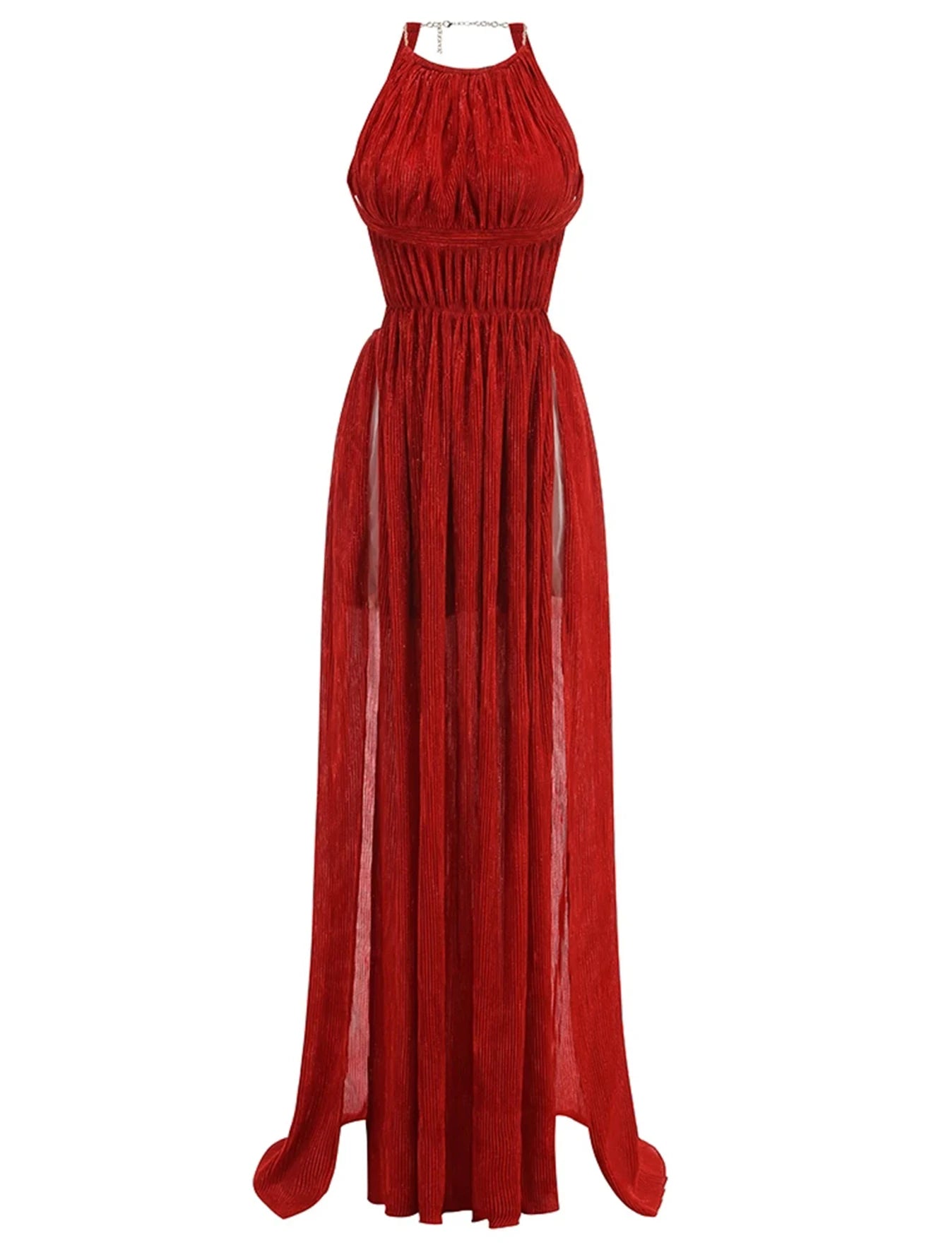 Slant shoulder pleated casual dress red long women's dress