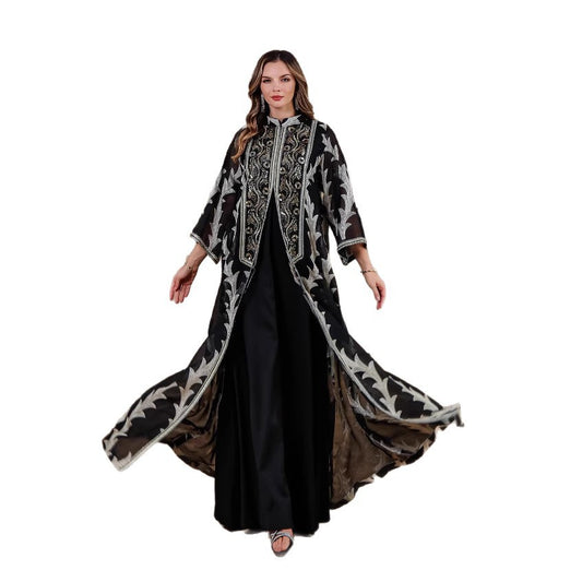 Heavy Embroidered Mesh Long Robe Dubai Party Dress Middle East Long Skirt Muslim Women's Long Robe