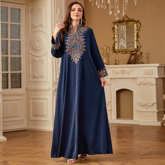 Middle Eastern Cross-border Long Robe Muslim Embroidered V-neck Dress Arabic Dubai Jalabiya Long Robe