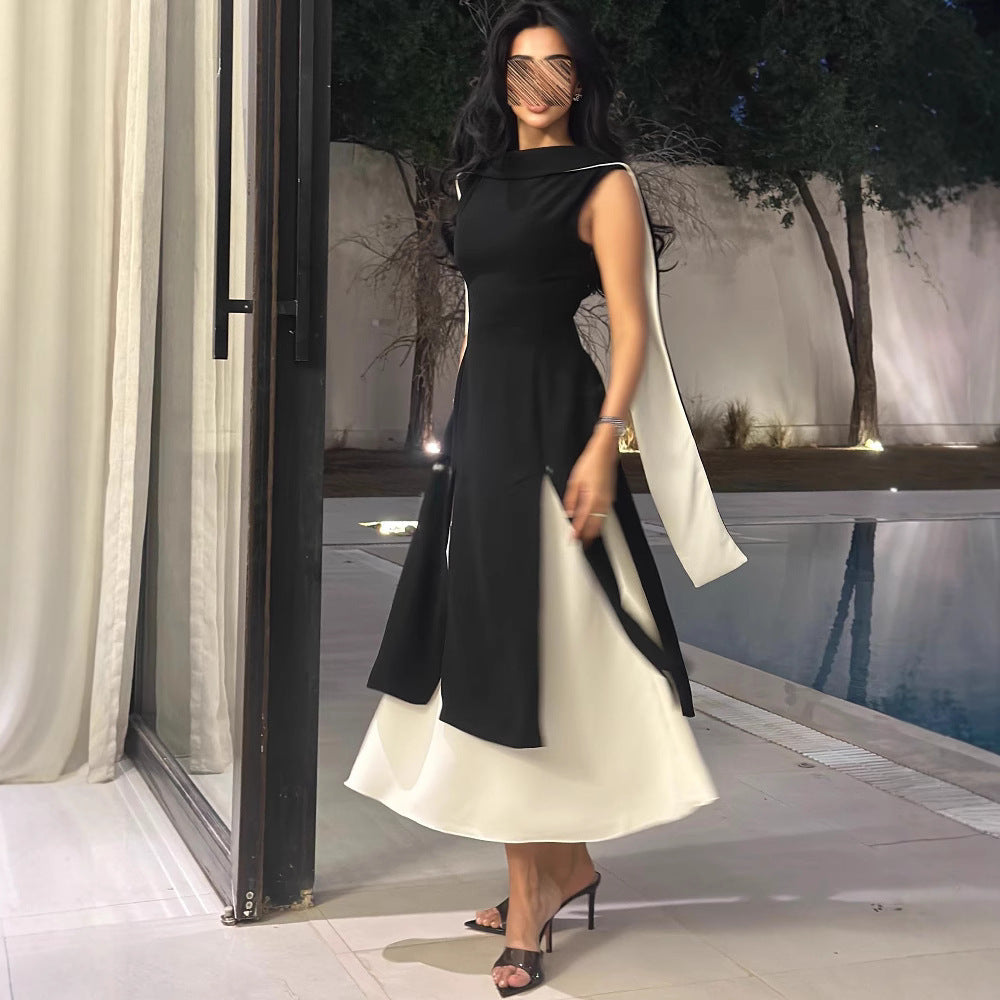 Women's Dress Middle East Cross-border Round Neck Color Block Sleeveless Fitted Temperament Retro Dress