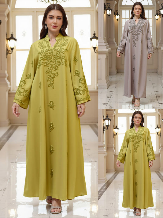In Stock 2026 New Musilin Cross-Border Middle Eastern Arabian Clothing Women's Hand-Embellished Rhinestone Robe Dress