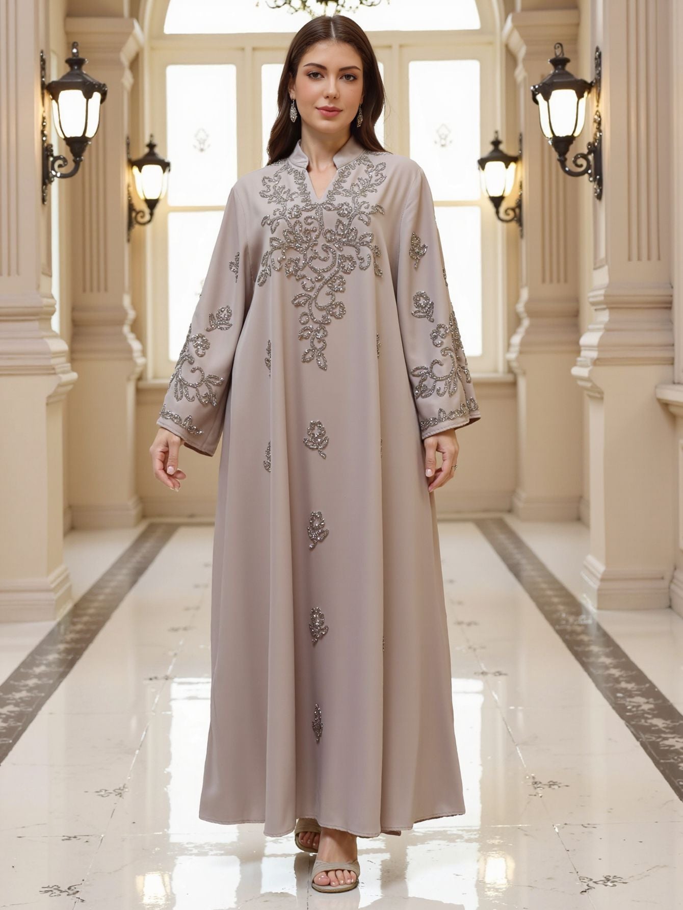 In Stock 2026 New Musilin Cross-Border Middle Eastern Arabian Clothing Women's Hand-Embellished Rhinestone Robe Dress