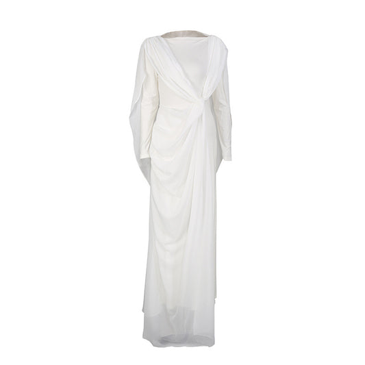 Splicing long sleeved irregular twisted long dress