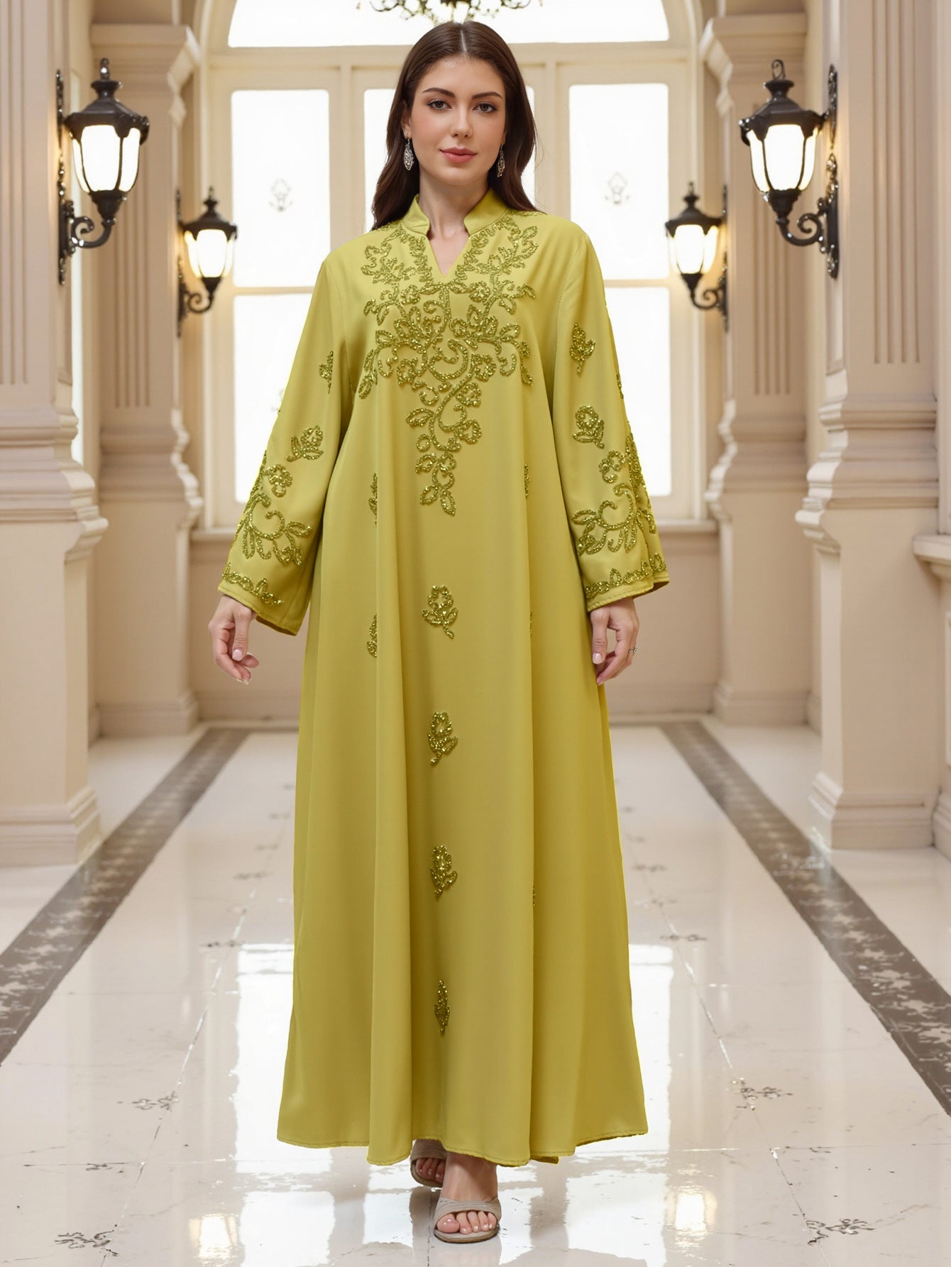 In Stock 2026 New Musilin Cross-Border Middle Eastern Arabian Clothing Women's Hand-Embellished Rhinestone Robe Dress